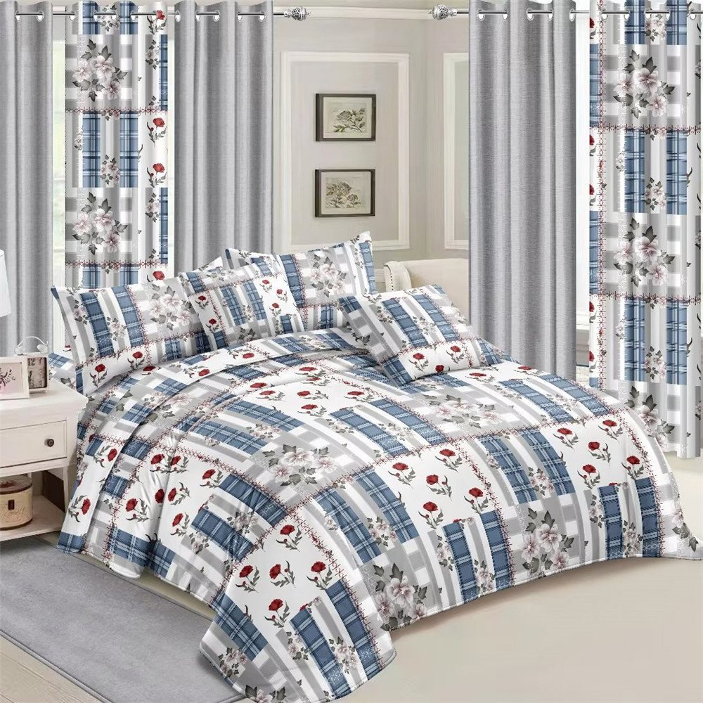 Microfiber printed 3 pcs in 1 bedroom bed duvet cover bed sheet curtain bedding sets with matching curtains