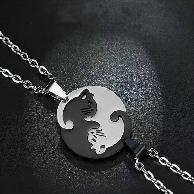 Valentine's Day Gift 2pcs/Pair Round Heart Pendant Best Friend Couples Stainless Steel Matching Yin Yang Cat Necklace Jewelry