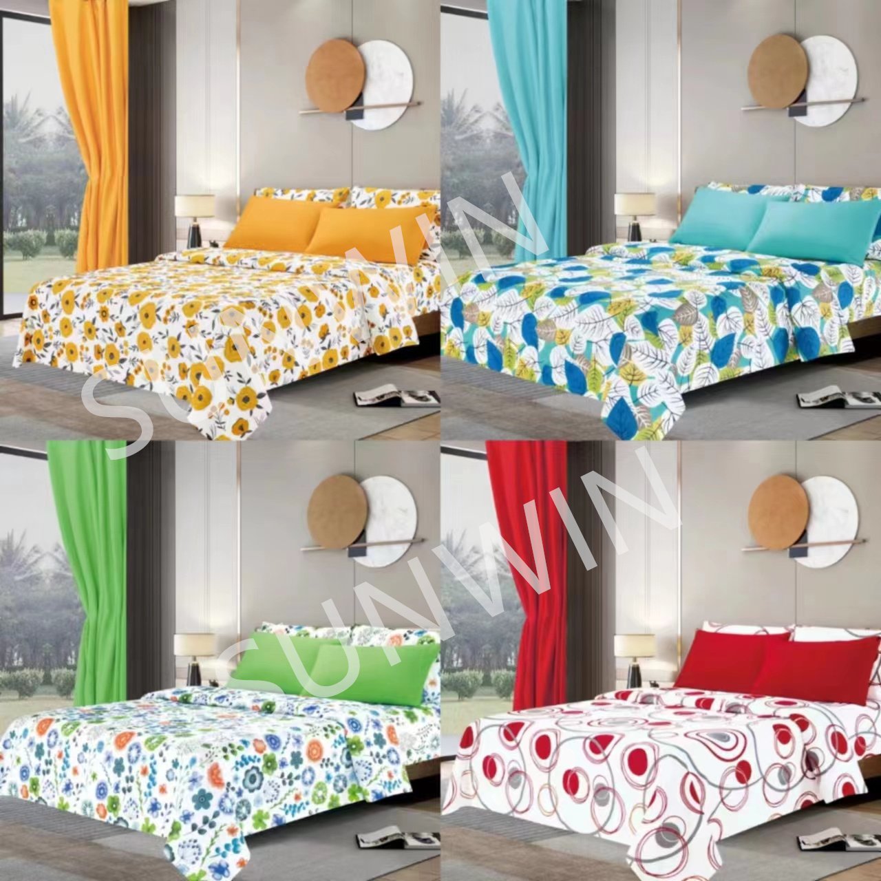 8 Piece Sheet Set Microfiber Flower Printing King Queen Bedding Sheet Set With Matching Curtains