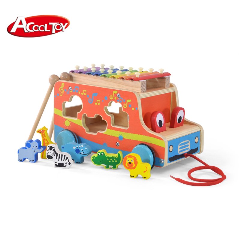3 in 1 Shape matching Pull Back Toy Car Wooden Hammering Pounding Push Pull Toys Forest Animals Happy Bus model car for children