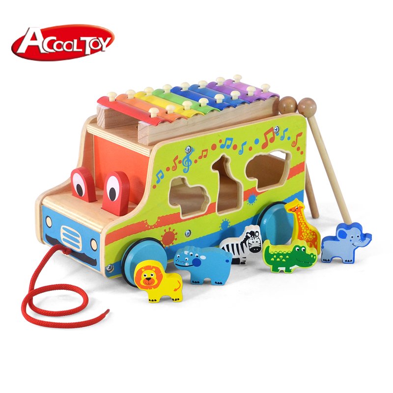 3 in 1 Shape matching Pull Back Toy Car Wooden Hammering Pounding Push Pull Toys Forest Animals Happy Bus model car for children