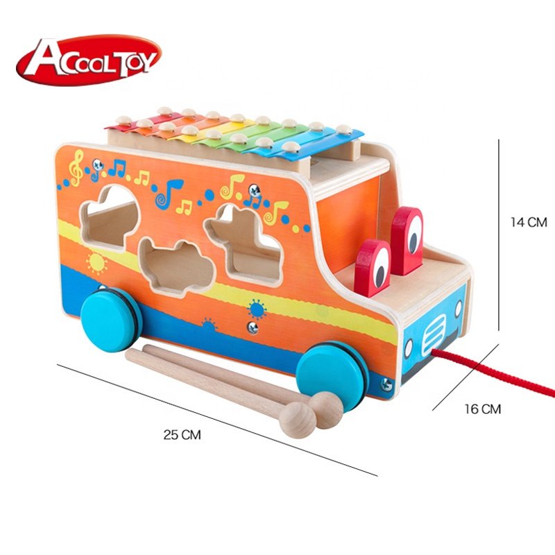3 in 1 Shape matching Pull Back Toy Car Wooden Hammering Pounding Push Pull Toys Forest Animals Happy Bus model car for children