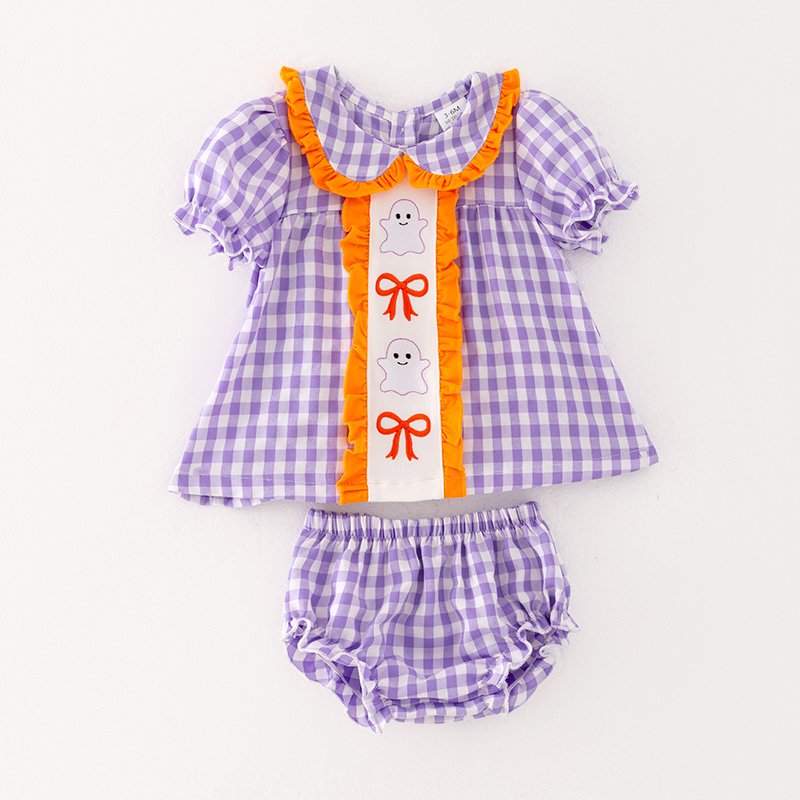 In Stock Kids Smocked Clothing Infant Baby Toddler Halloween Girls Boys Sibling Matching Ghost Bow Embroidered Dress Outfit Set