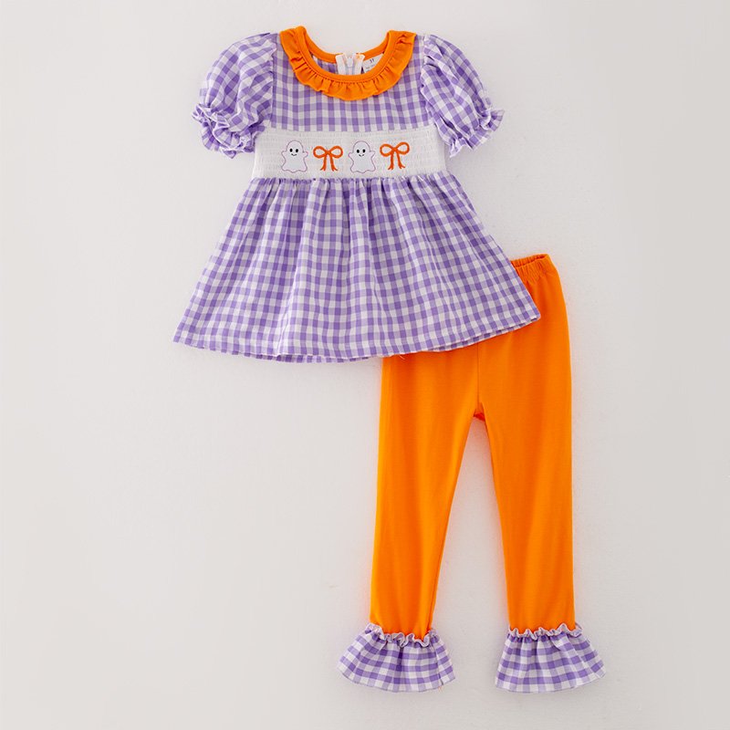 In Stock Kids Smocked Clothing Infant Baby Toddler Halloween Girls Boys Sibling Matching Ghost Bow Embroidered Dress Outfit Set