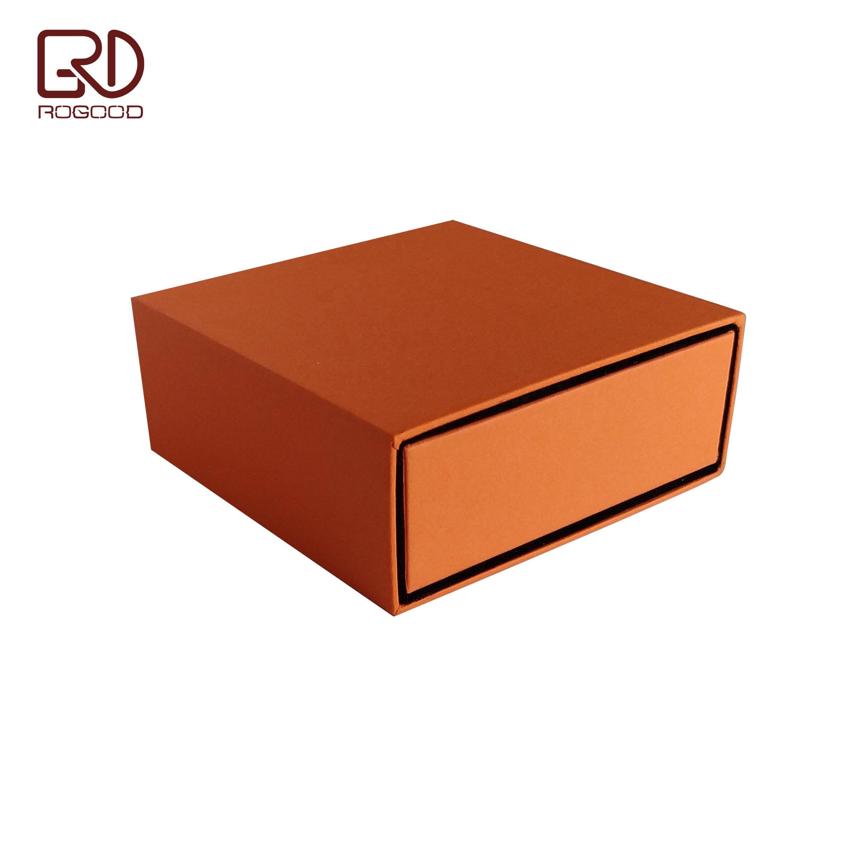 ROGOOD 90*90*37mm Black Velvet Lined Inside Sleeve Orange Color Rigid Cardboard match box style drawer Jewelry box P1901