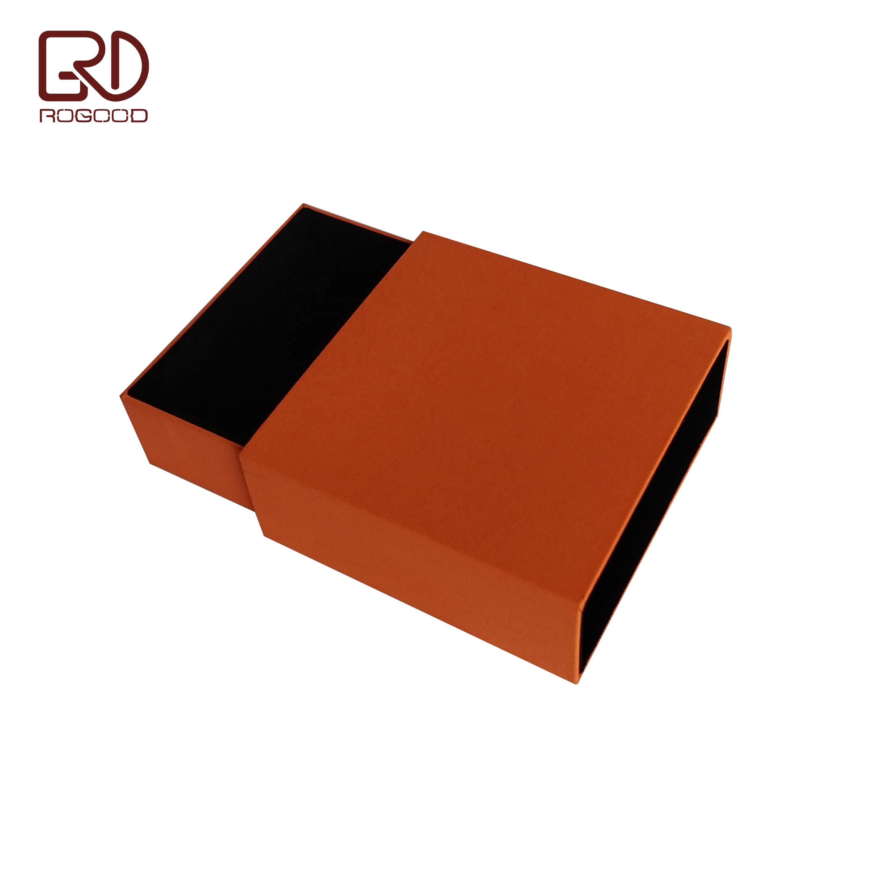 ROGOOD 90*90*37mm Black Velvet Lined Inside Sleeve Orange Color Rigid Cardboard match box style drawer Jewelry box P1901