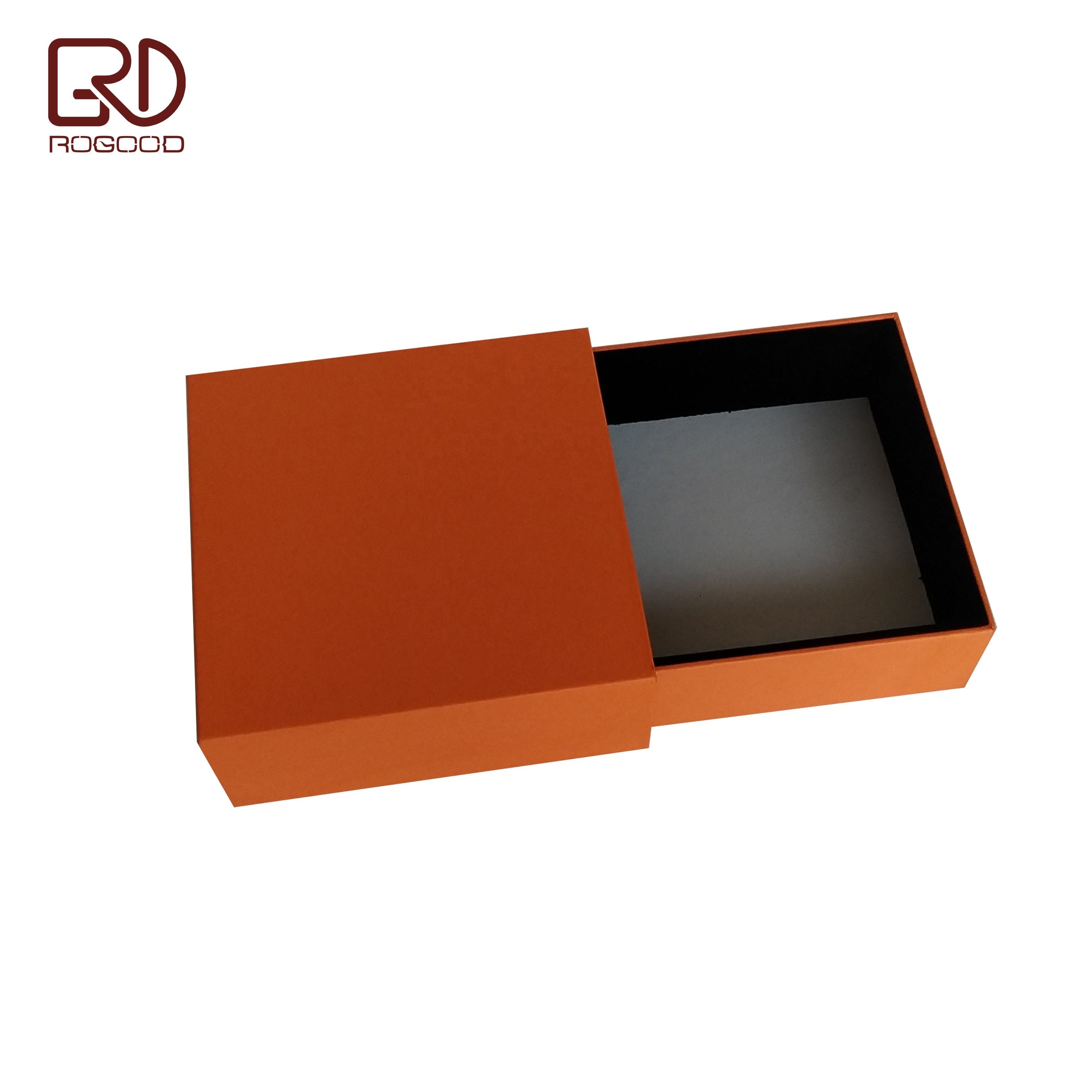 ROGOOD 90*90*37mm Black Velvet Lined Inside Sleeve Orange Color Rigid Cardboard match box style drawer Jewelry box P1901