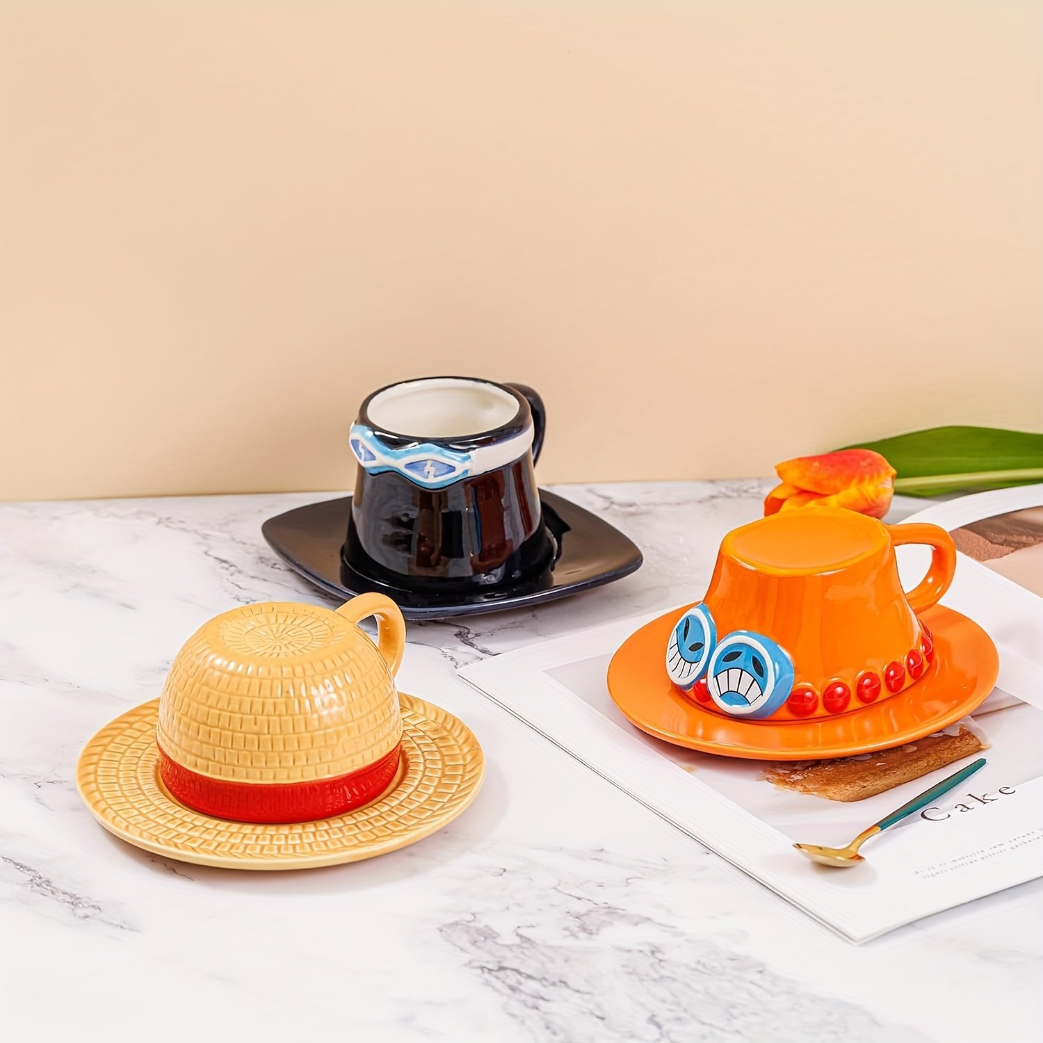One Piece Ceramic Coffee Cups and Saucers Set Microwave Safe Perfect Gift for Him Her on Christmas Easter Halloween