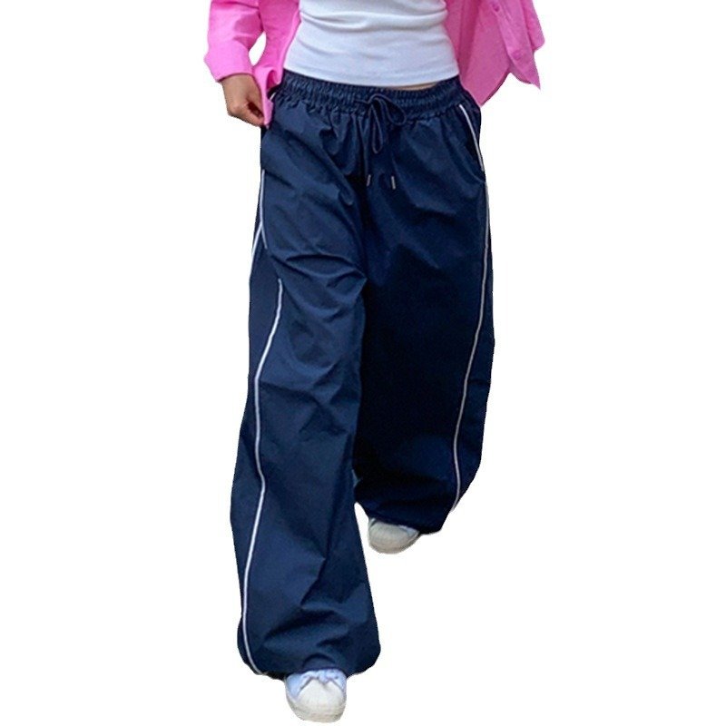 Contrast color retro loose casual pants High Street women straight all-matching elastic waist pants