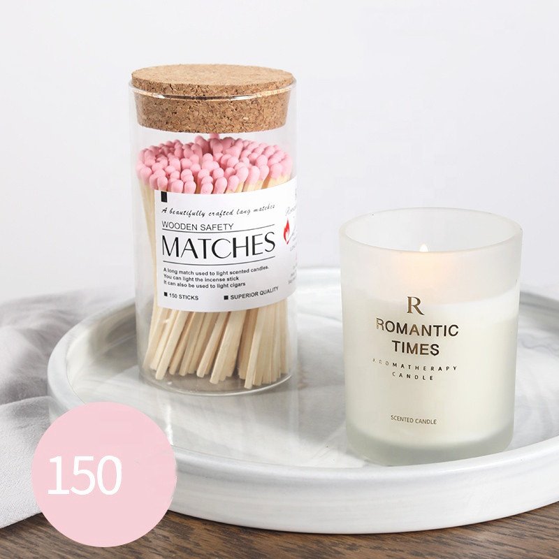 4 in Colorful Custom Candle Wooden Long Safety Pink Glass Matches Jar Wooden Matchstick in Bottle