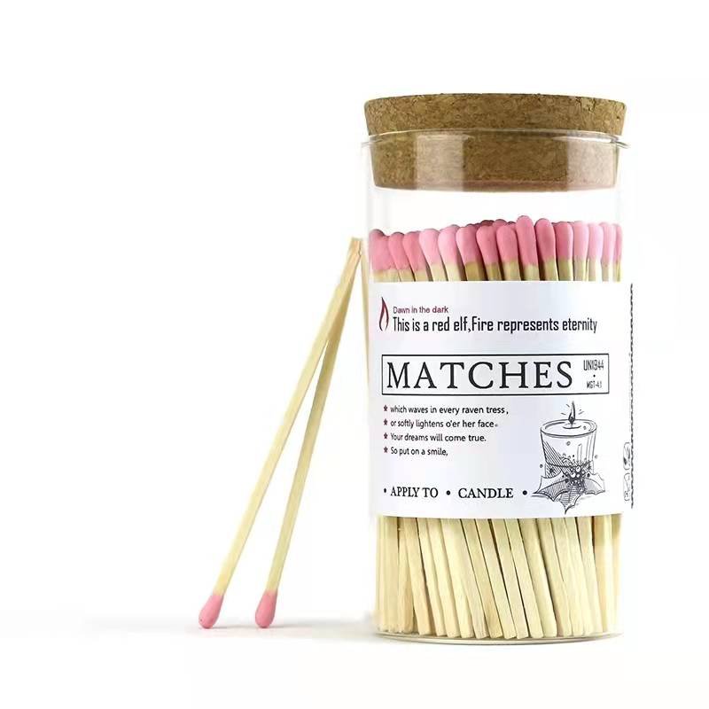 4 in Colorful Custom Candle Wooden Long Safety Pink Glass Matches Jar Wooden Matchstick in Bottle