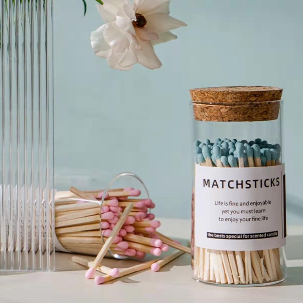 4 in Colorful Custom Candle Wooden Long Safety Pink Glass Matches Jar Wooden Matchstick in Bottle