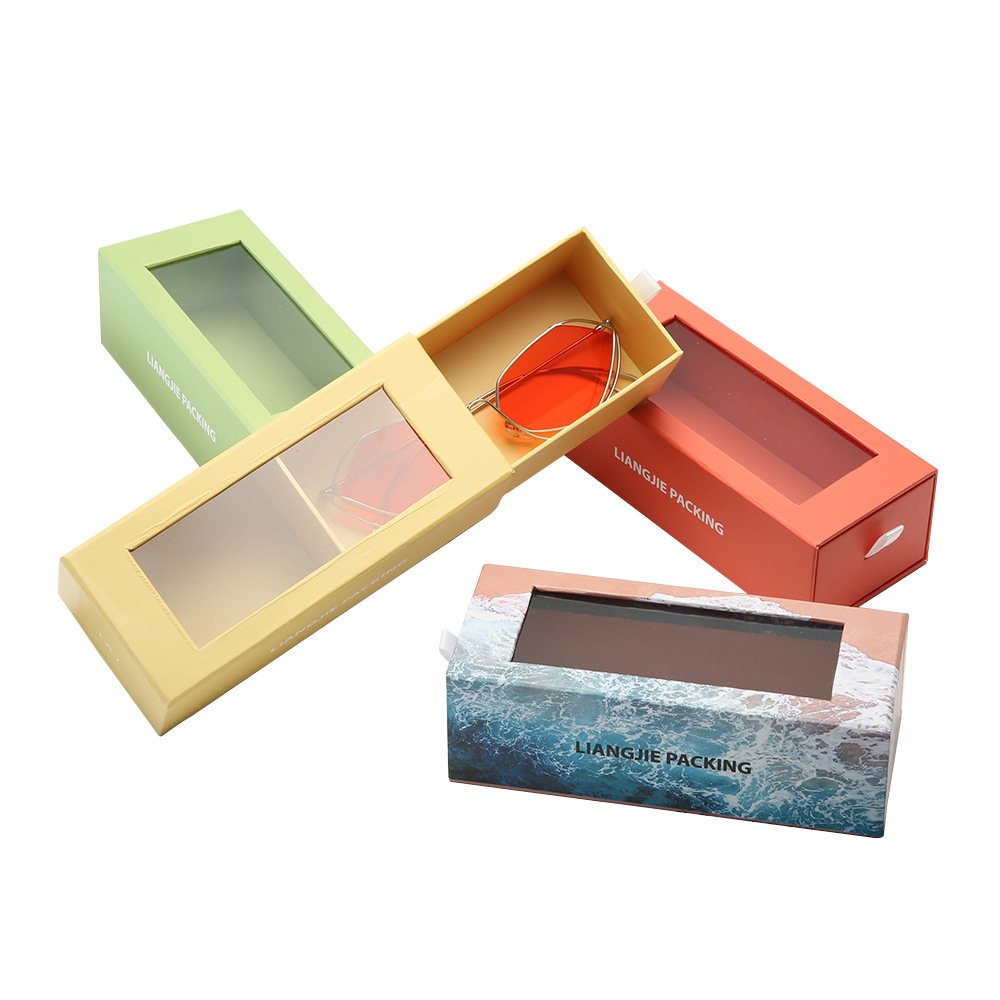 Rigid Card Board Match Drawer Box High Quality Wholesale Custom Yellow Transparent PVC Window Sunglasses Boxes