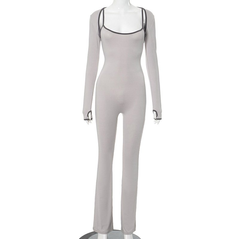 X15913C Casual Sporty 2 Piece Sets Women Concise Spaghetti Strap Jumpsuits and Long Sleeve Shawl Matching Fitness Tracksuits