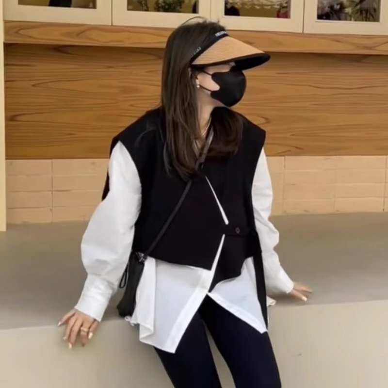 Wholesale 2024 Autumn French V-neck Loose and Versatile Color Matching Splicing Fake Two-piece Shirt Women's Jacket