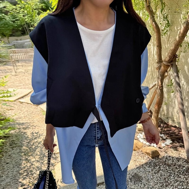 Wholesale 2024 Autumn French V-neck Loose and Versatile Color Matching Splicing Fake Two-piece Shirt Women's Jacket