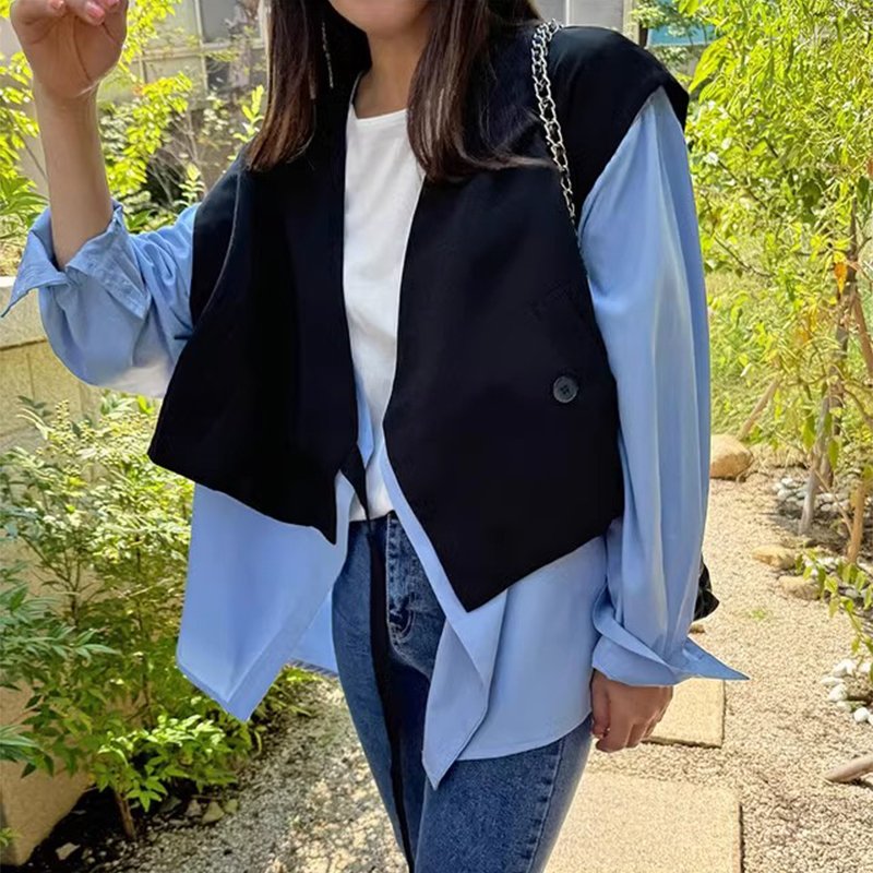 Wholesale 2024 Autumn French V-neck Loose and Versatile Color Matching Splicing Fake Two-piece Shirt Women's Jacket