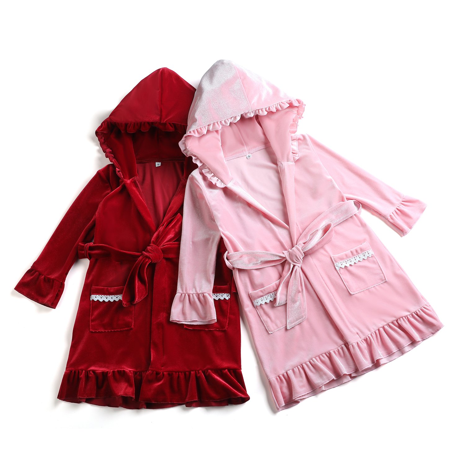 Christmas Cute Girl Ruffle Lace hooded Bath Robe Sibling Matching Kids Girl Red Velvet Nightie Little Boy Girl Nightgown