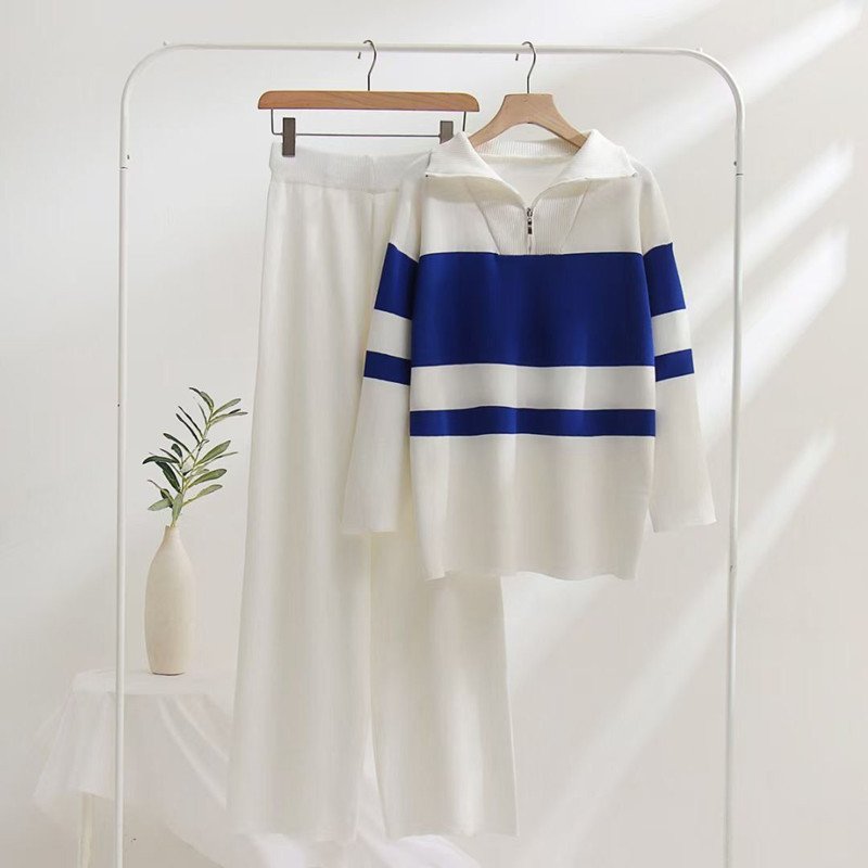 2023 autumn fashion OEM casual ladies color matching polo collar knitted top trousers plus size 2 pieces suit women sweater