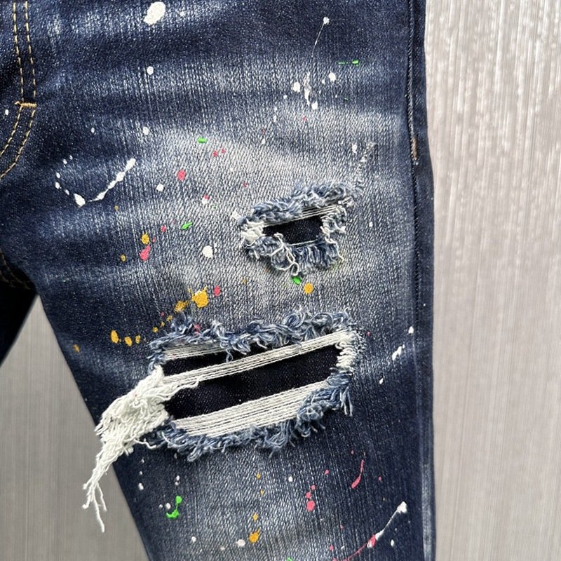2024 New men's denim trousers spray-painted Italian style gray small straight-foot trendy jeans fashion matching