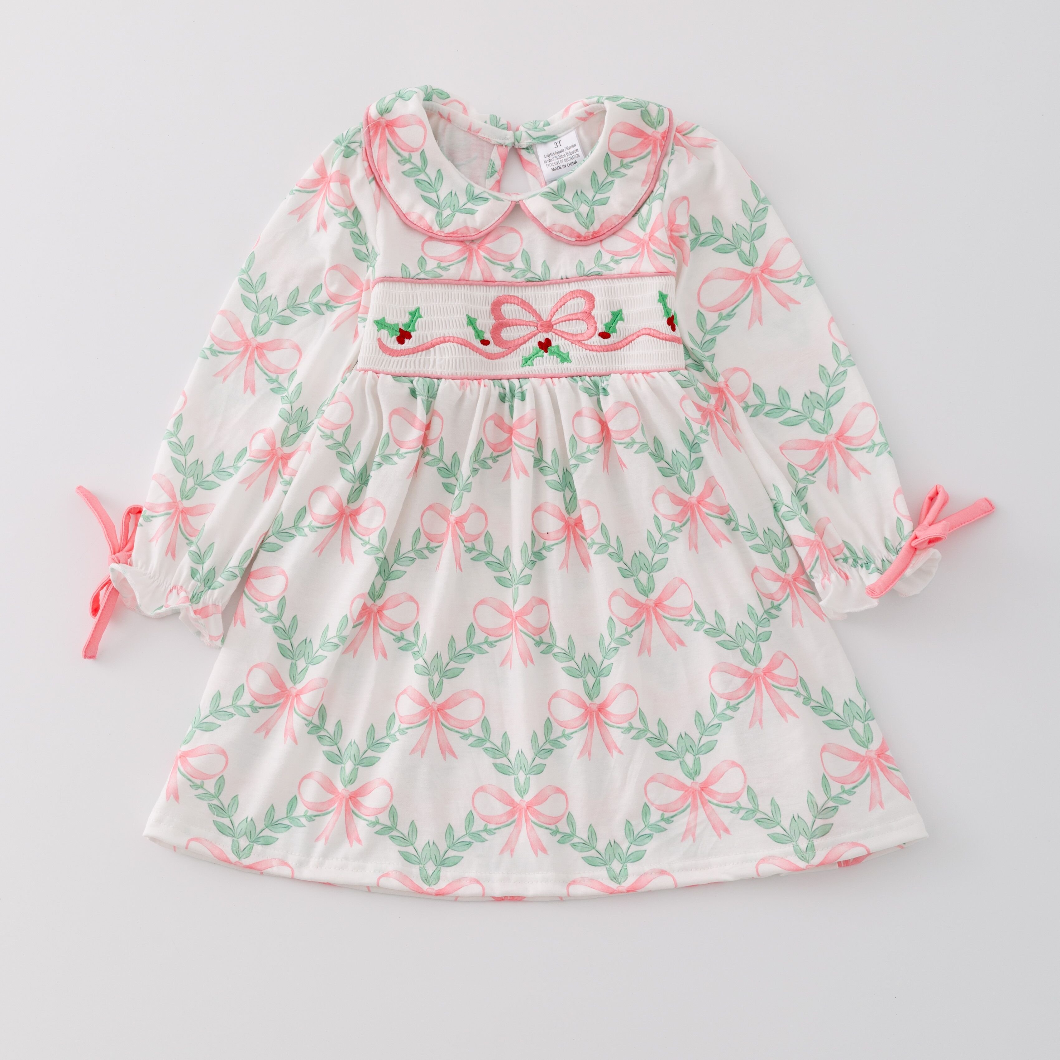 Kids Smocked Clothing Infant Baby Kids Toddler Girls Sibling Clothes Christmas Knot Embroidery Dress Set Outfit Matching