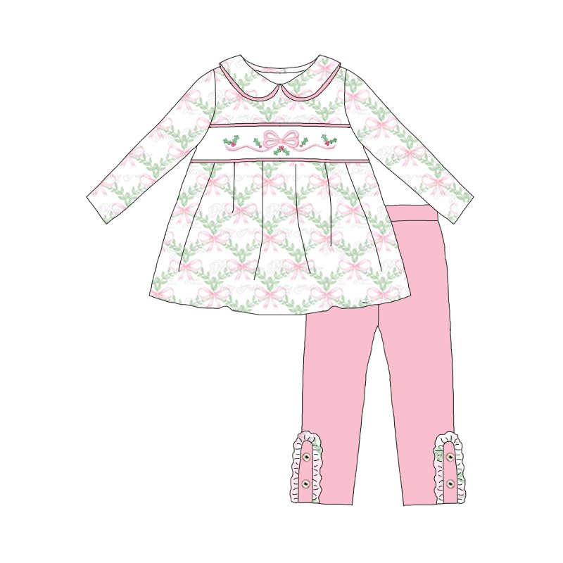 Kids Smocked Clothing Infant Baby Kids Toddler Girls Sibling Clothes Christmas Knot Embroidery Dress Set Outfit Matching