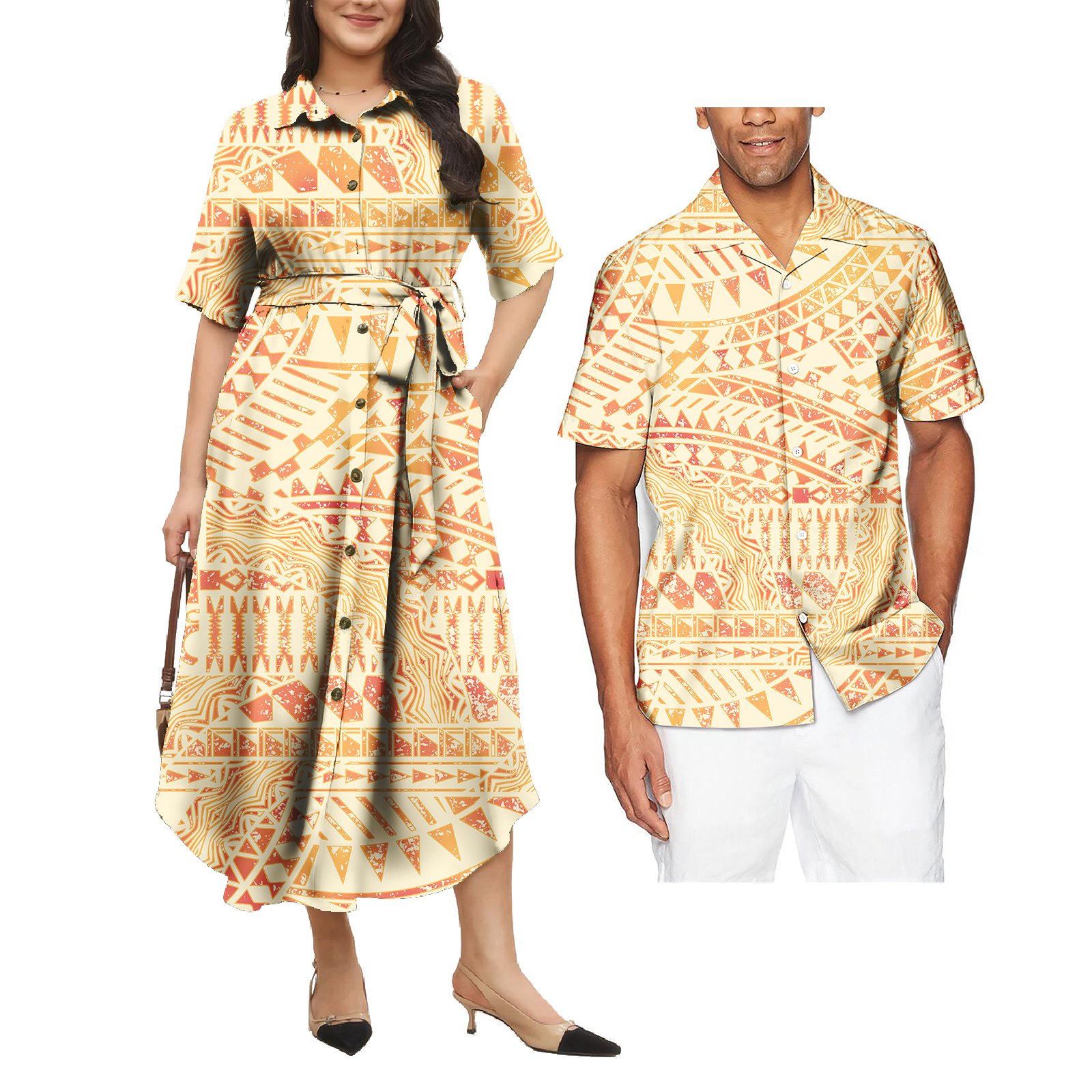 Elegant Polynesian Couple Of Set Hawaii Aloha Shirt And Dress 2 Pcs Set Samoa Puleatsi Couple Matching Outfits
