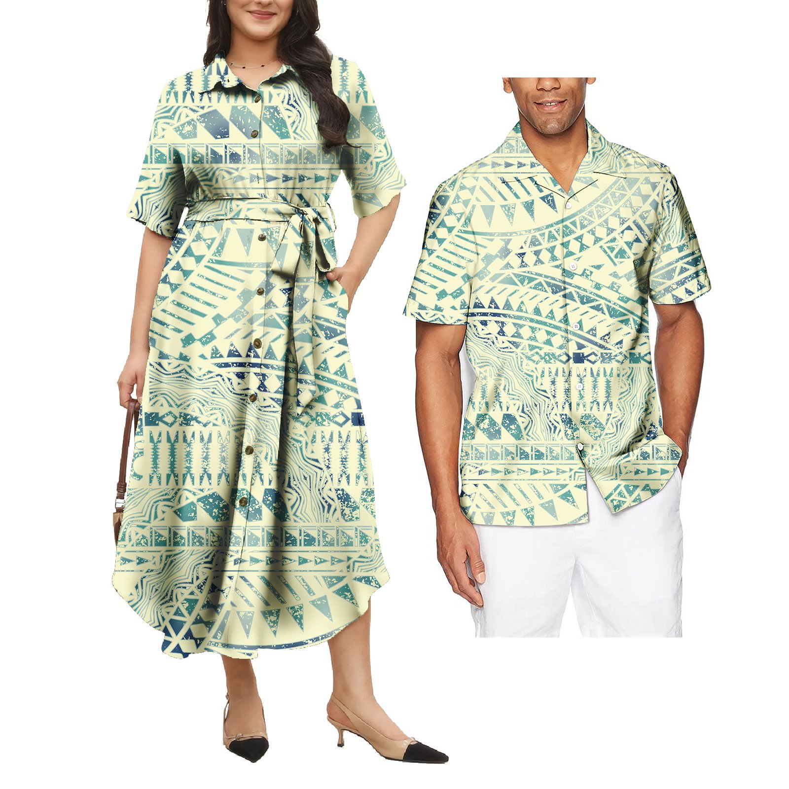 Elegant Polynesian Couple Of Set Hawaii Aloha Shirt And Dress 2 Pcs Set Samoa Puleatsi Couple Matching Outfits
