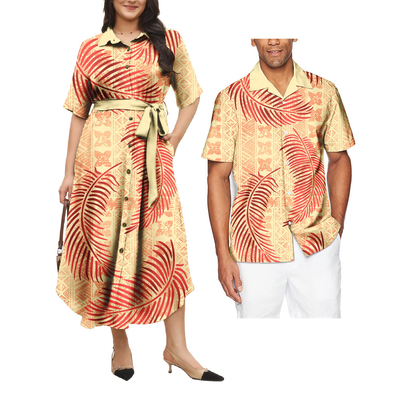 Elegant Polynesian Couple Of Set Hawaii Aloha Shirt And Dress 2 Pcs Set Samoa Puleatsi Couple Matching Outfits