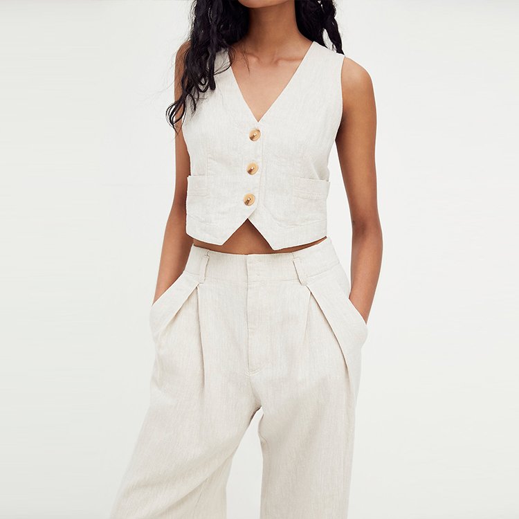 Summer sleeveless matching Set high rise straight leg pants v neck cotton sets