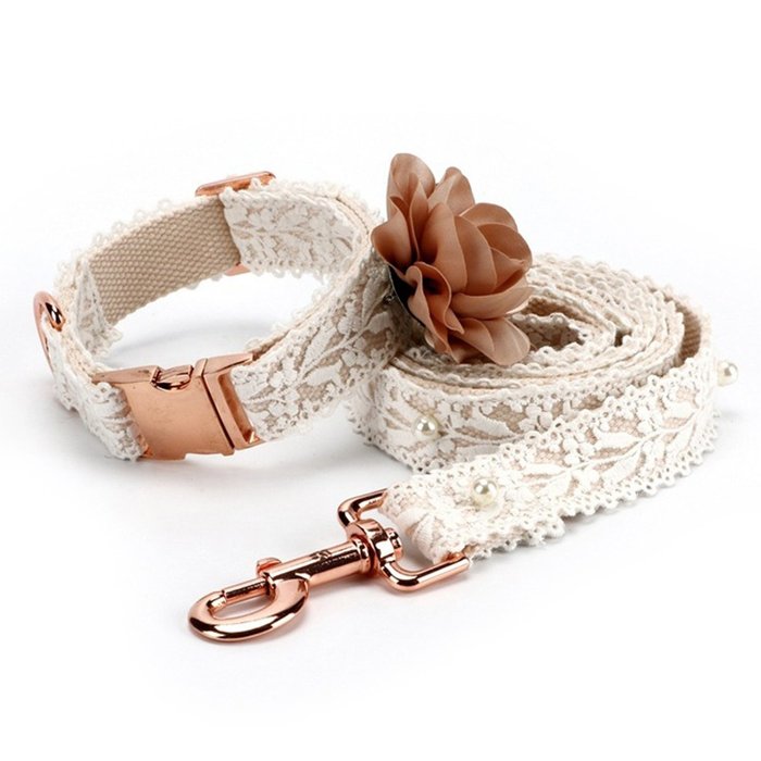 Lace Flower High- end Dog Pet Collar With Matched Leash Set