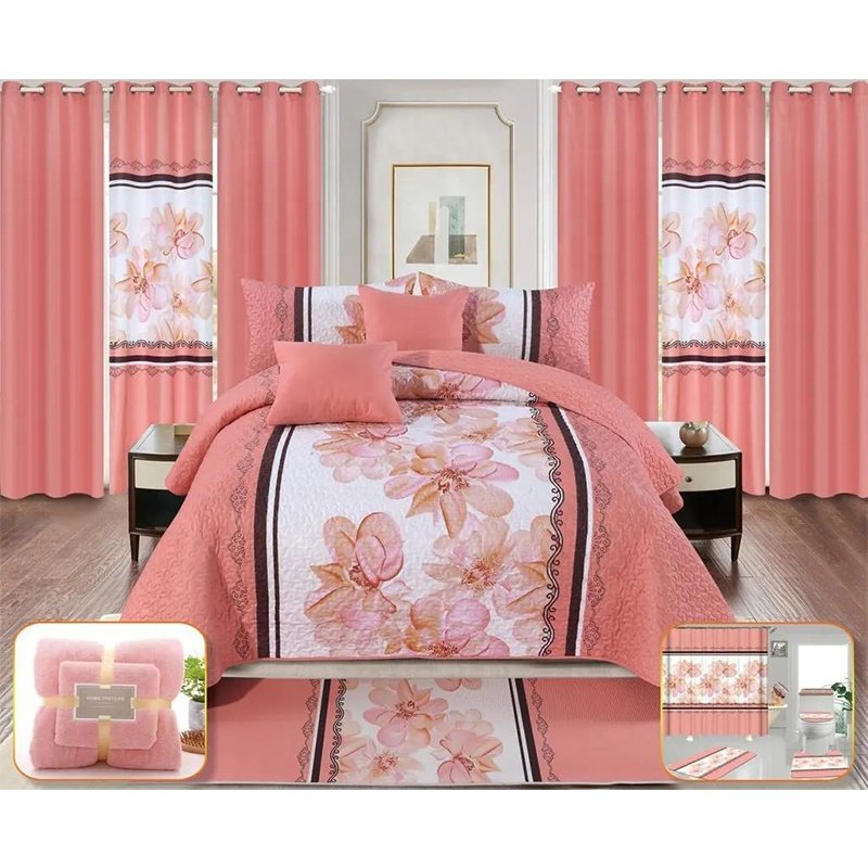 18-Piece In-Stock King Size Bedding and Curtain Set Printed Pattern Bedspread Sheet with Matching Curtains