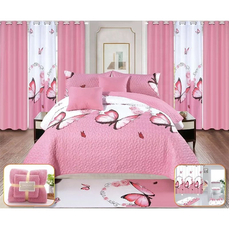18-Piece In-Stock King Size Bedding and Curtain Set Printed Pattern Bedspread Sheet with Matching Curtains