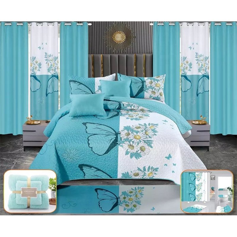 18-Piece In-Stock King Size Bedding and Curtain Set Printed Pattern Bedspread Sheet with Matching Curtains
