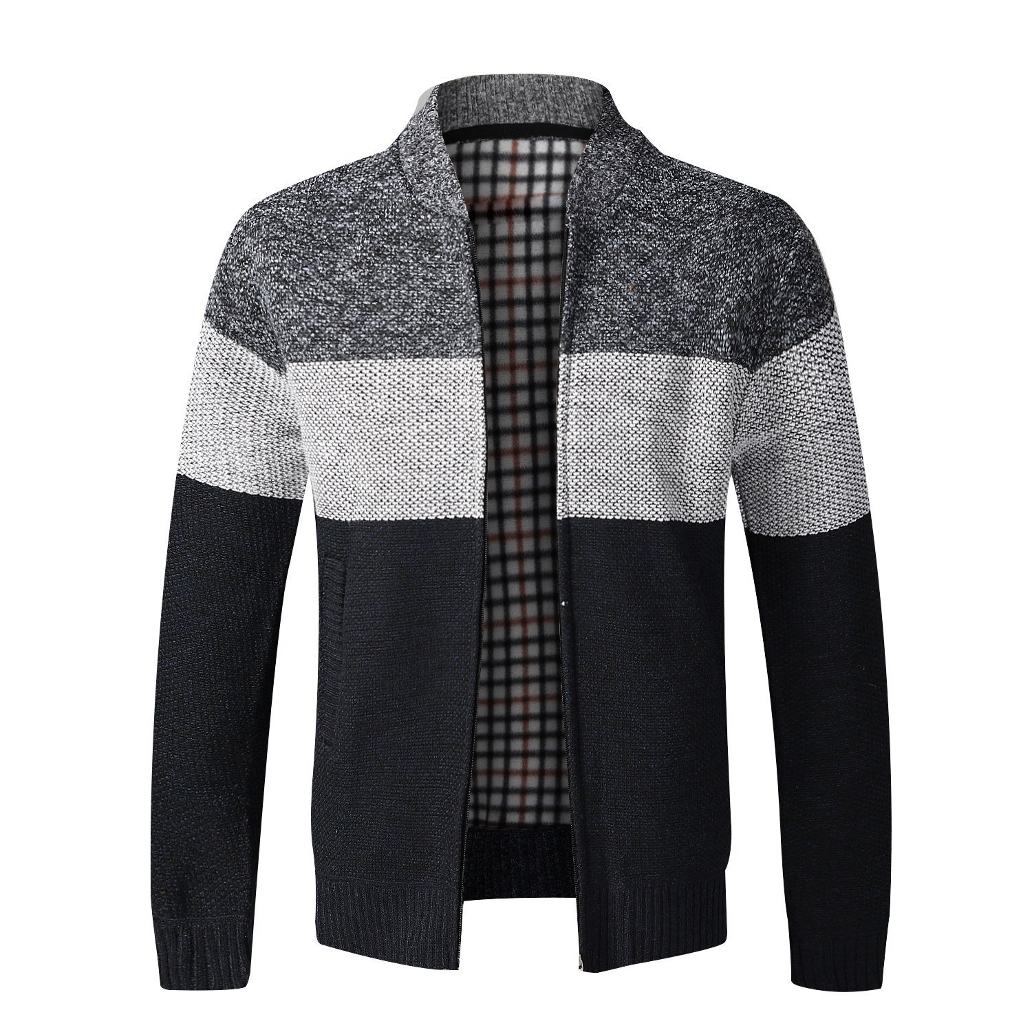 New Fashion Men Autumn Winter Stand Collar Knit inner Fleece Color Matching Zipper Outdoor Cardigan Casual Tops Coat Jacket