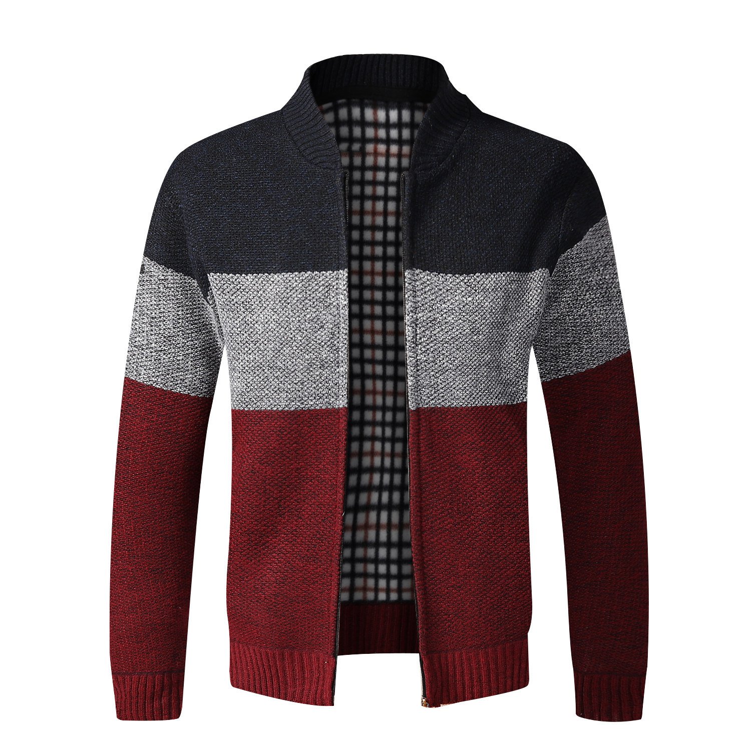 New Fashion Men Autumn Winter Stand Collar Knit inner Fleece Color Matching Zipper Outdoor Cardigan Casual Tops Coat Jacket