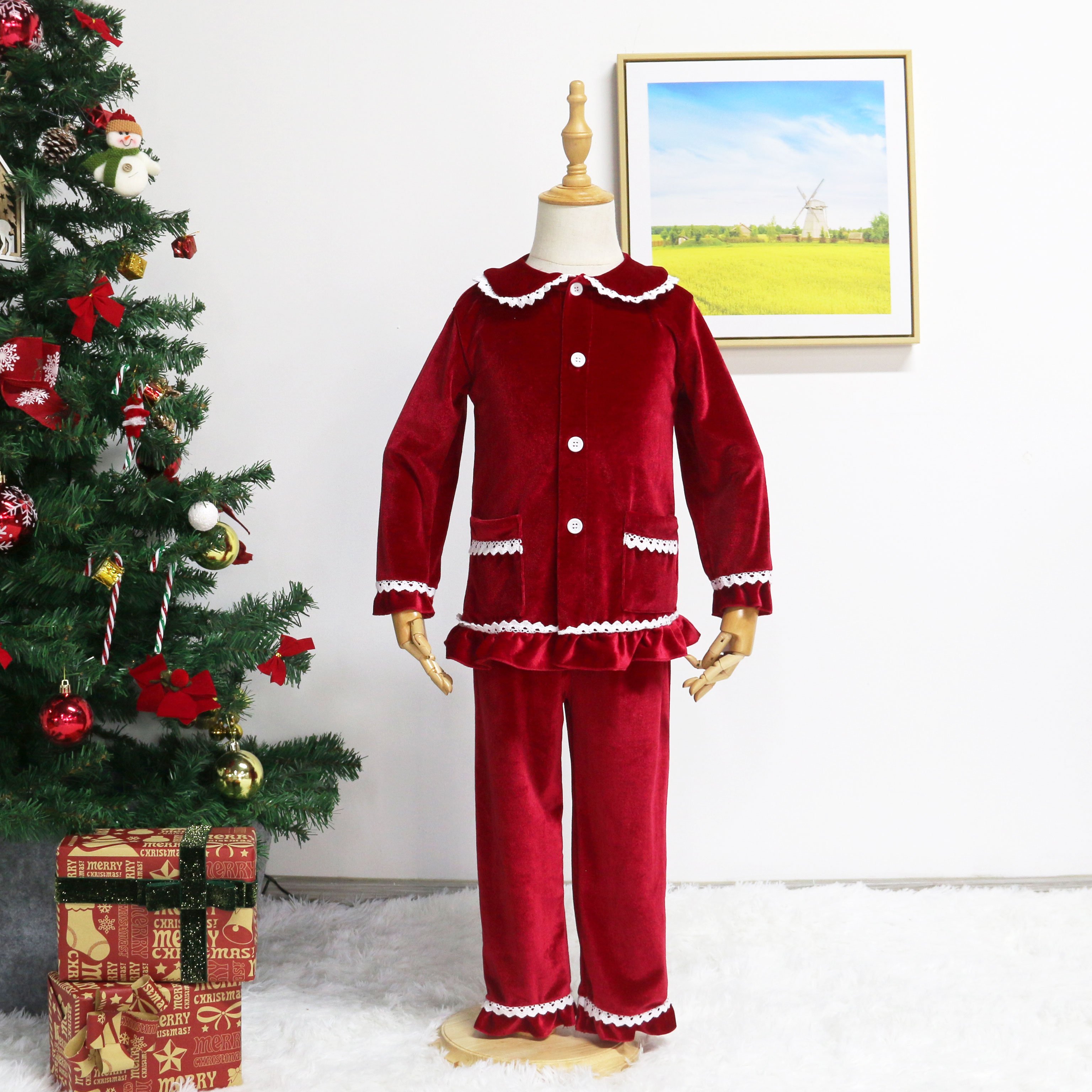 Luxury velvet Xmas matching family siblings children boy pajamas winter baby girls ruffle pyjama set pjs girl nightdress
