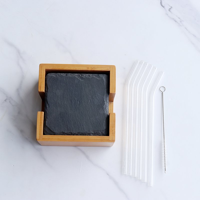 Set of 8pcs Slate Coaster With Bamboo Holder For Drink Natural Stone Whisky Black Cup Mat Matching with Glass Straw