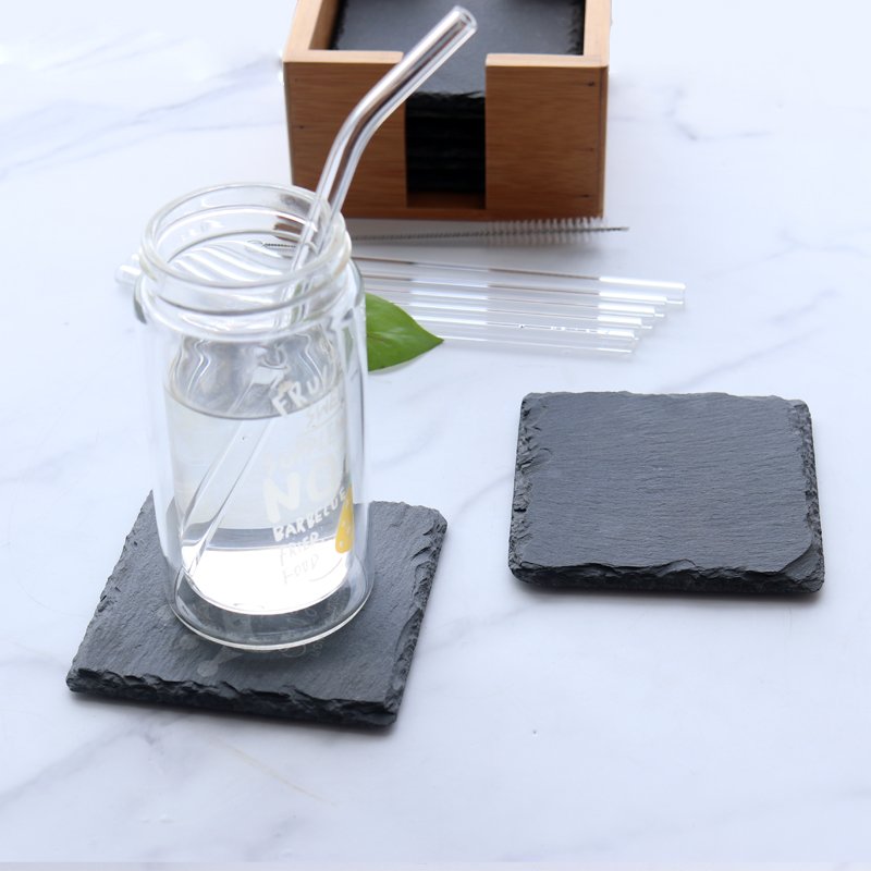 Set of 8pcs Slate Coaster With Bamboo Holder For Drink Natural Stone Whisky Black Cup Mat Matching with Glass Straw