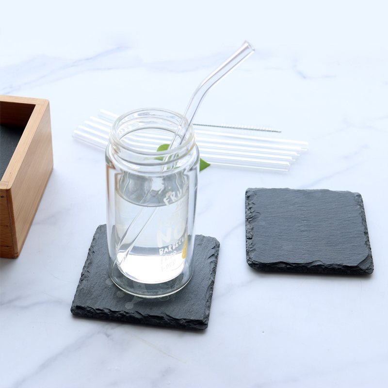 Set of 8pcs Slate Coaster With Bamboo Holder For Drink Natural Stone Whisky Black Cup Mat Matching with Glass Straw
