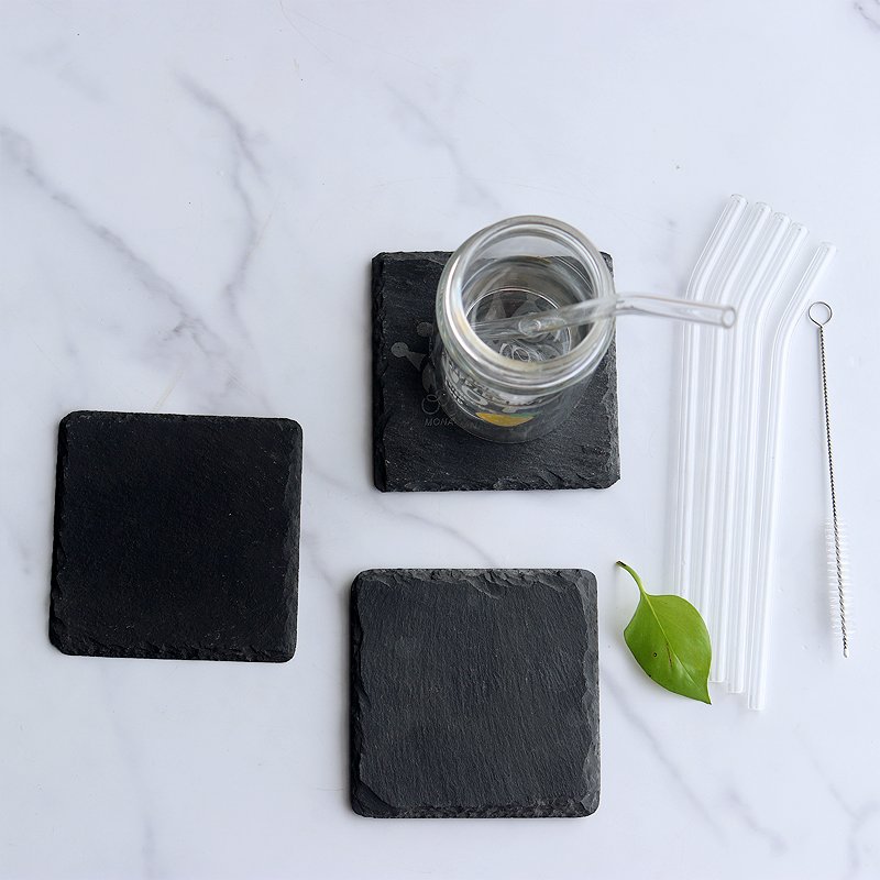 Set of 8pcs Slate Coaster With Bamboo Holder For Drink Natural Stone Whisky Black Cup Mat Matching with Glass Straw