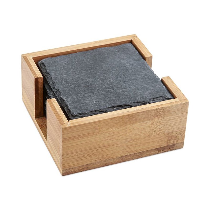Set of 8pcs Slate Coaster With Bamboo Holder For Drink Natural Stone Whisky Black Cup Mat Matching with Glass Straw