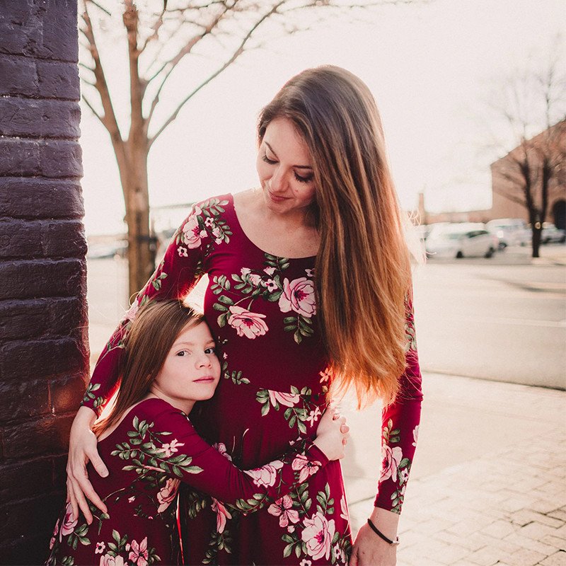 Custom Fall Floral Long Sleeve Mommy And Me Party Twinning Dress Mother Daughter Family Matching Clothes Private Print