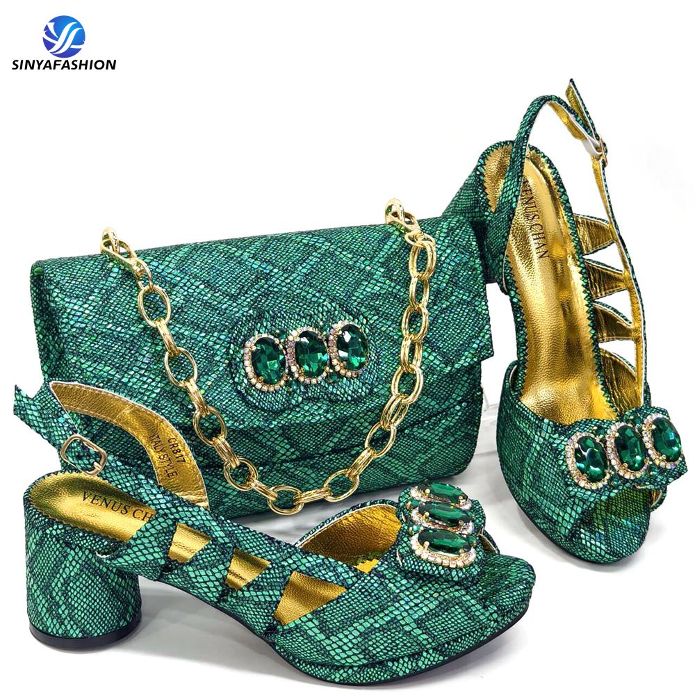 Sinya Beautiful African Women Ladies Shoes And Bags Set Crystal Italian Matching Shoes And Bags For Wedding Party
