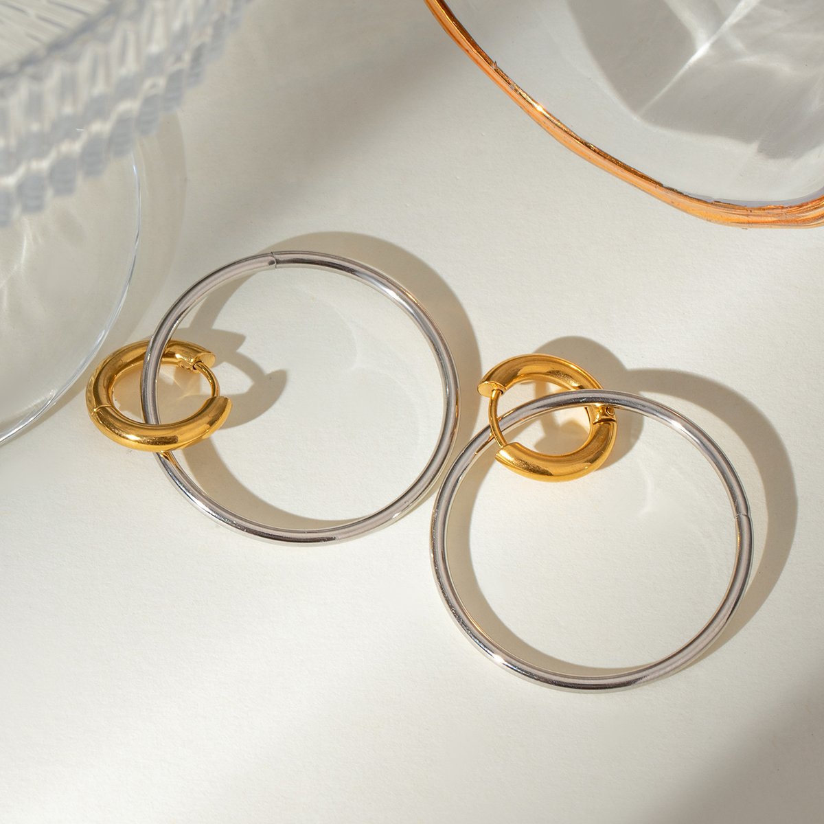J&D Stainless Steel Two Tone Silver And Gold Large Steel Ring Interlocking Color Matching Earrings