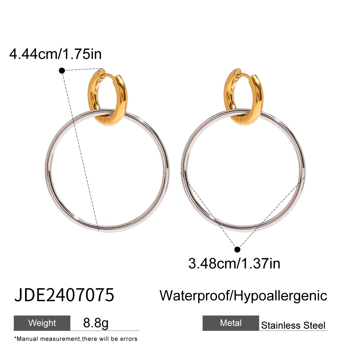 J&D Stainless Steel Two Tone Silver And Gold Large Steel Ring Interlocking Color Matching Earrings