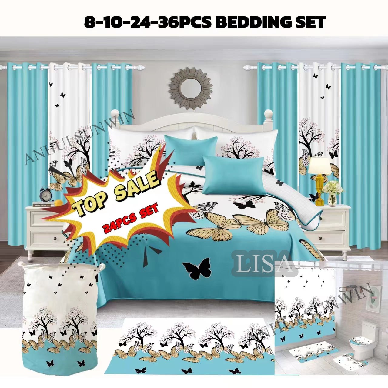 Luxury 24 Pieces Bedding Set With Matching Curtains Cotton Touch Bedspread Carpet Set with Shower Curtains For King Size