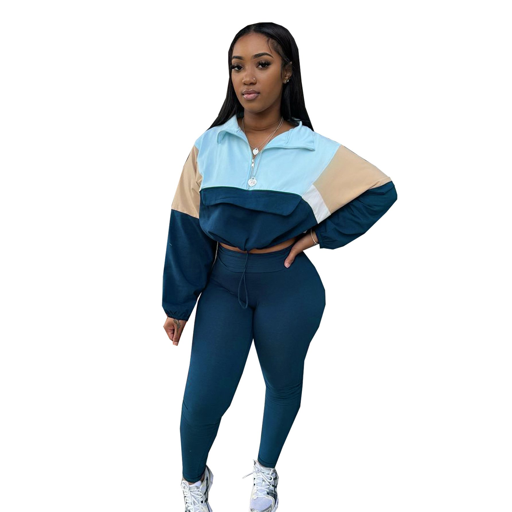 X16497C 2024 Contrast color suit zipper color matching sweatshirt leggings sports two-piece suit women