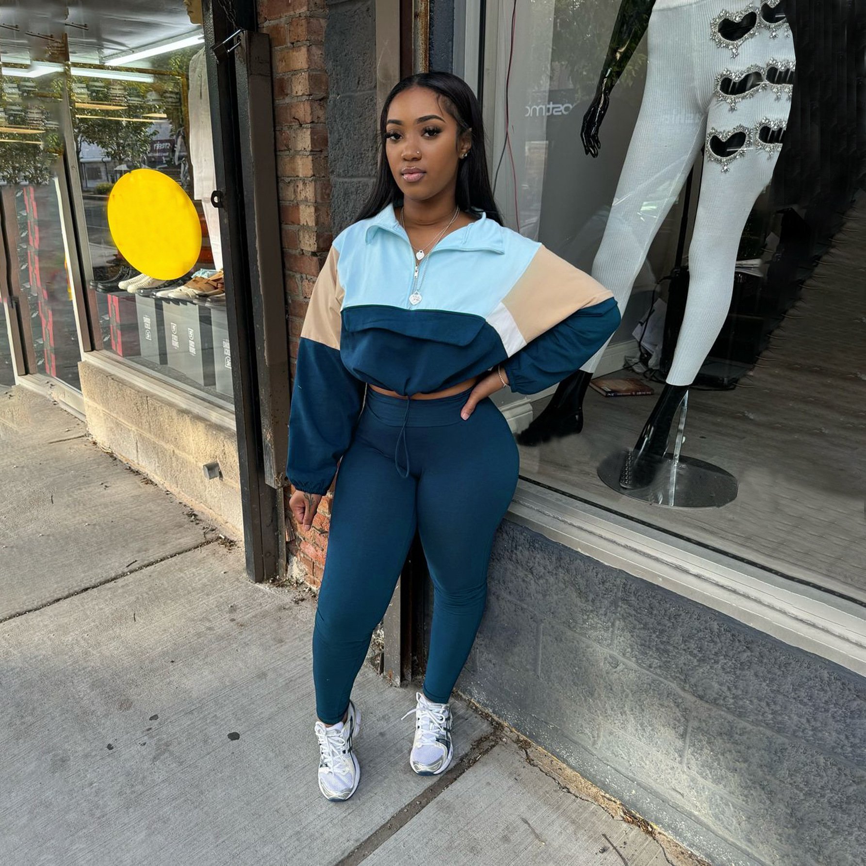 X16497C 2024 Contrast color suit zipper color matching sweatshirt leggings sports two-piece suit women