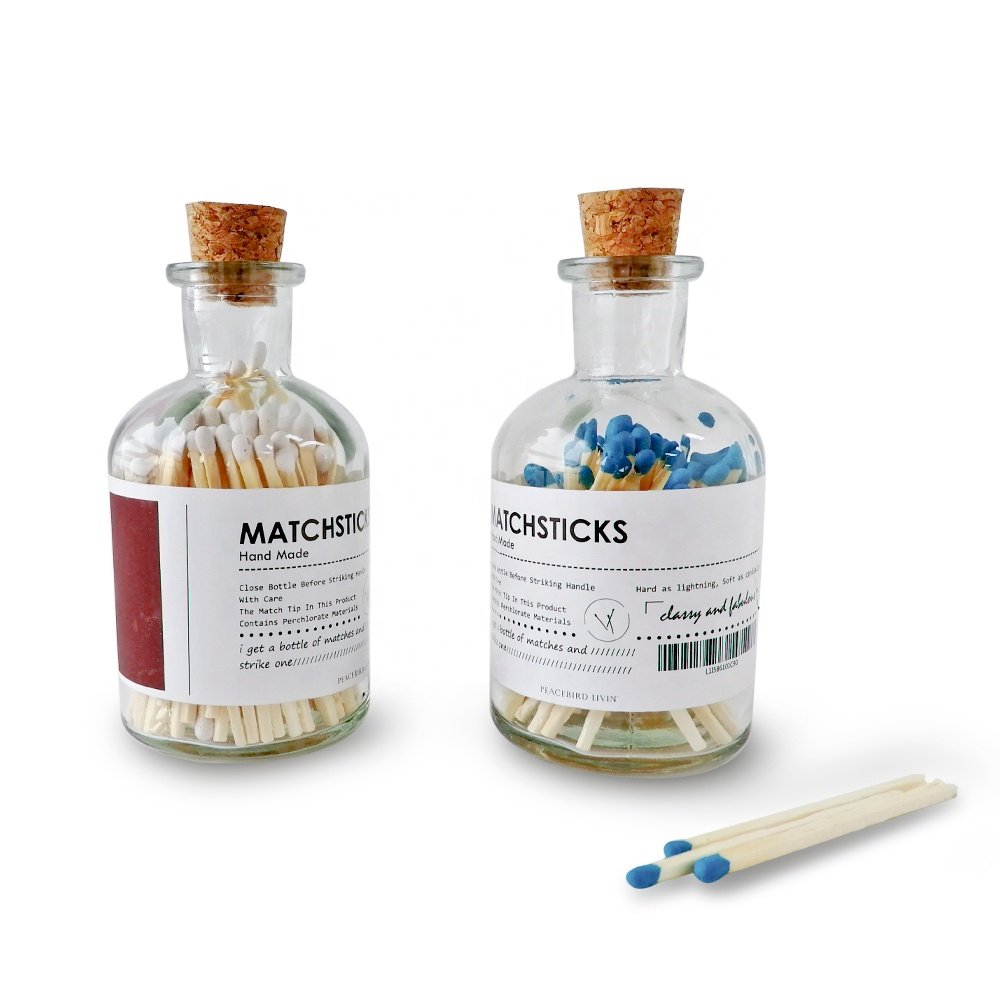 long wooden matches in bottle with label matches jar with match striker paper